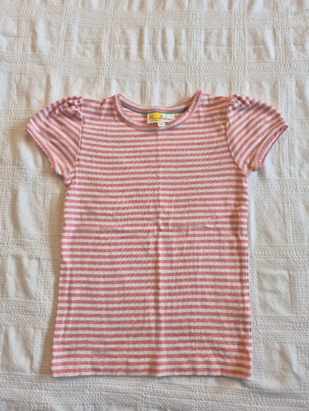 Mini Boden girls 9-10 yrs pink & white stripe pointelle short sleeve shirt EUC